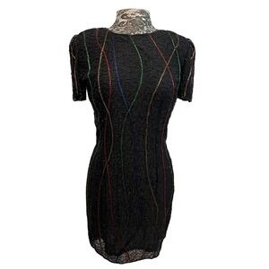 Vintage 90s Beaded Silk Cocktail‎ Dress 10 Black Lined Rainbow Retro Slinky Glam